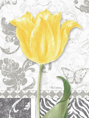 Damask Gray Tulips I White Modern Wood Framed Art Print with Double Matting by Gladding, Pamela