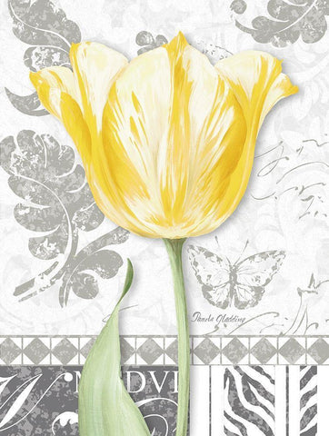 Damask Gray Tulips II White Modern Wood Framed Art Print with Double Matting by Gladding, Pamela