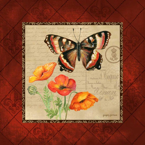 Butterfly and Poppies White Modern Wood Framed Art Print with Double Matting by Gorham, Gregory