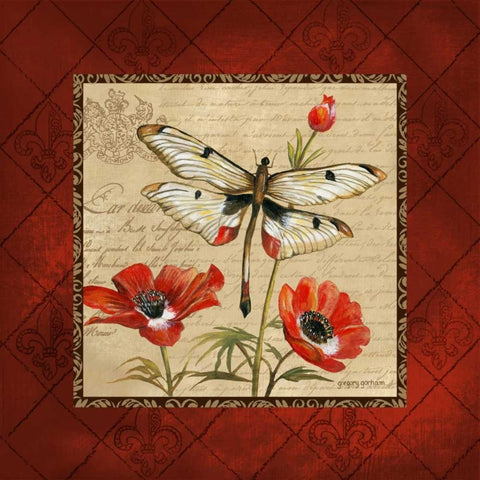 Dragonfly and Poppies White Modern Wood Framed Art Print with Double Matting by Gorham, Gregory