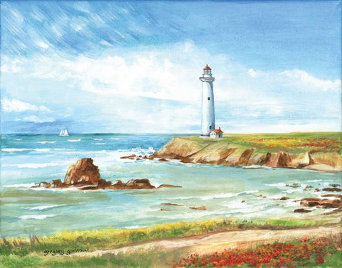 Lighthouse Path White Modern Wood Framed Art Print with Double Matting by Gorham, Gregory