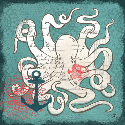 Nautical Octopus White Modern Wood Framed Art Print with Double Matting by K, Onna