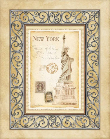 New York Postcard Black Ornate Wood Framed Art Print with Double Matting by Laliberte, Andrea