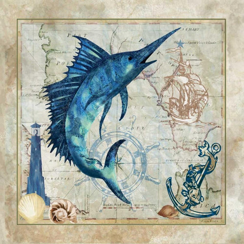 Nautical Swordfish Black Ornate Wood Framed Art Print with Double Matting by Meyer, Jill