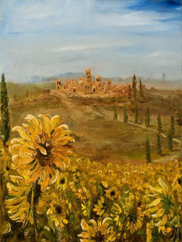 Tuscan Sunflowers I Black Ornate Wood Framed Art Print with Double Matting by Monahan, Jodi