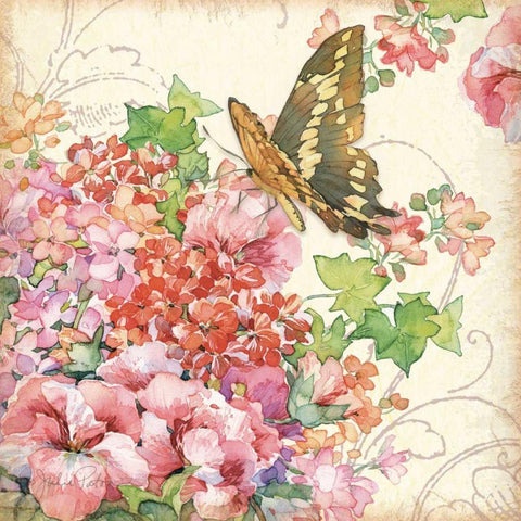 Geranium and Butterflies White Modern Wood Framed Art Print with Double Matting by Paton, Julie