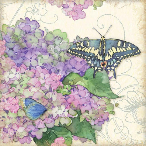 Hydrangea and Butterflies Gold Ornate Wood Framed Art Print with Double Matting by Paton, Julie