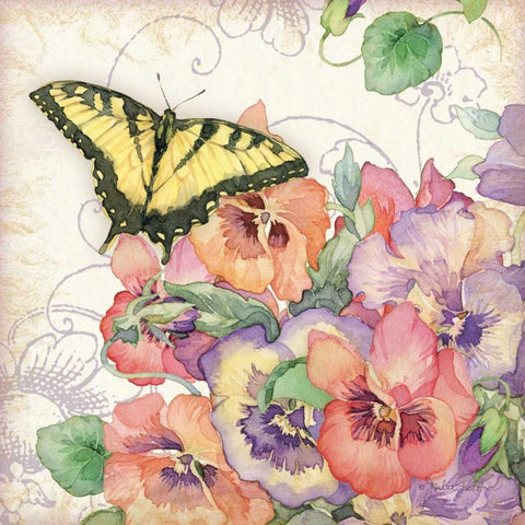 Pansies and Butterflies Black Modern Wood Framed Art Print with Double Matting by Paton, Julie