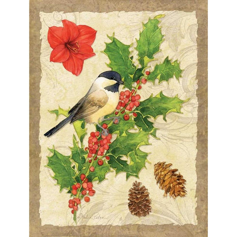 Holiday Chickadee Gold Ornate Wood Framed Art Print with Double Matting by Paton, Julie