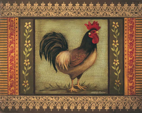 Mediterranean Rooster I Black Ornate Wood Framed Art Print with Double Matting by Poloson, Kimberly