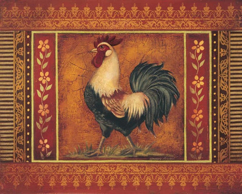 Mediterranean Rooster III Black Ornate Wood Framed Art Print with Double Matting by Poloson, Kimberly