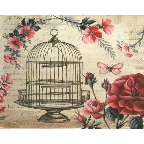 Birdcage and Blossoms Black Modern Wood Framed Art Print with Double Matting by Poloson, Kimberly