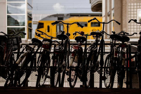 Bicycles at Centraal Station White Modern Wood Framed Art Print with Double Matting by Berzel, Erin