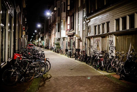 Amsterdam Bikes at Night II Black Ornate Wood Framed Art Print with Double Matting by Berzel, Erin