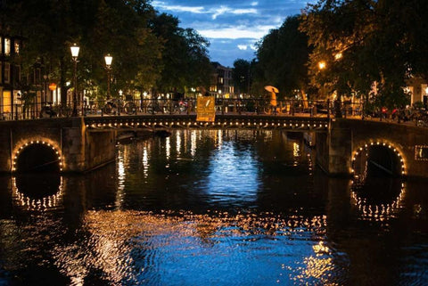 Amsterdam Canal at Night I Black Ornate Wood Framed Art Print with Double Matting by Berzel, Erin