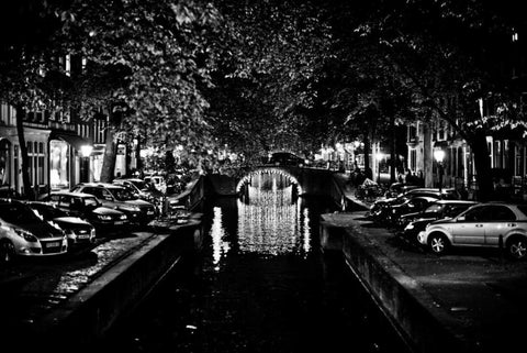 B and W Canal at Night I White Modern Wood Framed Art Print with Double Matting by Berzel, Erin