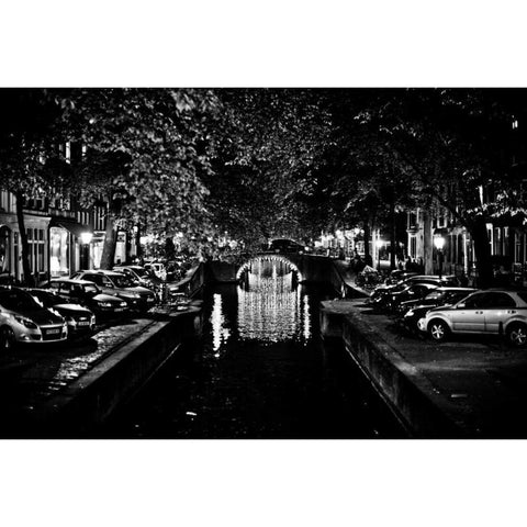 B and W Canal at Night I Gold Ornate Wood Framed Art Print with Double Matting by Berzel, Erin