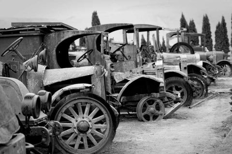 Antique Car Graveyard I White Modern Wood Framed Art Print with Double Matting by Berzel, Erin