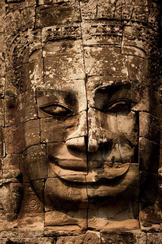 Bayon Face I White Modern Wood Framed Art Print with Double Matting by Berzel, Erin