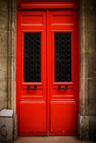 Red Door in Paris Black Ornate Wood Framed Art Print with Double Matting by Berzel, Erin