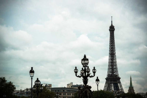 Lampposts and The Eiffel Tower White Modern Wood Framed Art Print with Double Matting by Berzel, Erin