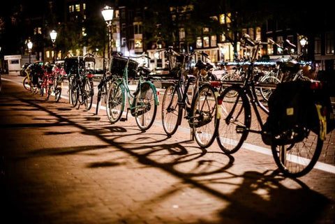 Amsterdam Bikes at Night I Black Ornate Wood Framed Art Print with Double Matting by Berzel, Erin