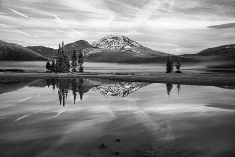 South Sister at Sparks Lake BW White Modern Wood Framed Art Print with Double Matting by Hellmann, Stan