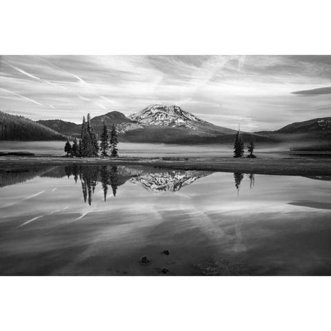 South Sister at Sparks Lake BW White Modern Wood Framed Art Print by Hellmann, Stan