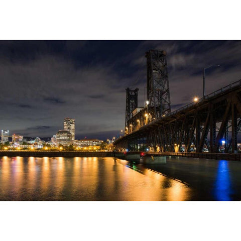 Portland Steel Bridge White Modern Wood Framed Art Print by Hellmann, Stan