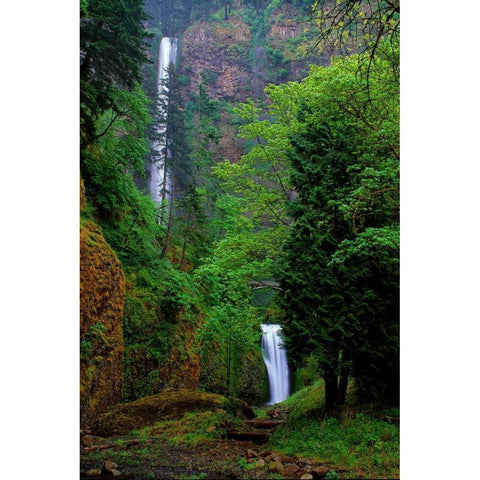 Multnomah Falls Spring Black Modern Wood Framed Art Print with Double Matting by Leahy, Ike