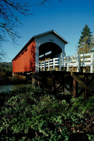 Currin Covered Bridge White Modern Wood Framed Art Print with Double Matting by Leahy, Ike