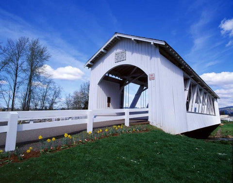 Weddle Covered Bridge Black Ornate Wood Framed Art Print with Double Matting by Leahy, Ike