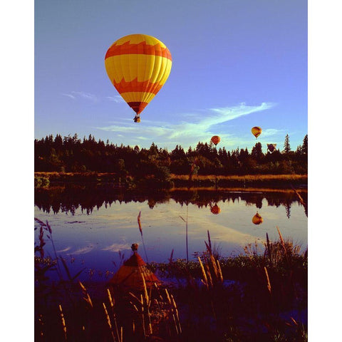 Hot Air Balloons Black Modern Wood Framed Art Print with Double Matting by Leahy, Ike