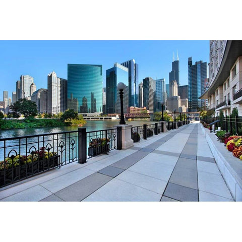 Sidewalk Skyline River Gold Ornate Wood Framed Art Print with Double Matting by Malvin, Larry