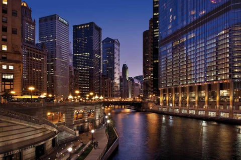 Chicago River Dusk II White Modern Wood Framed Art Print with Double Matting by Malvin, Larry