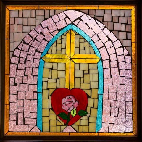 Stained Glass Cross IV Gold Ornate Wood Framed Art Print with Double Matting by Mahan, Kathy