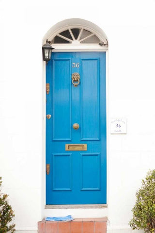 Blue Door White Modern Wood Framed Art Print with Double Matting by Millet, Karyn
