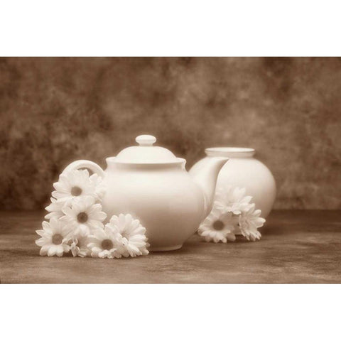 Teapot and Daisies I White Modern Wood Framed Art Print by McNemar, C. Thomas