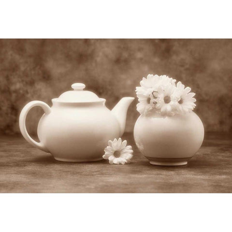 Teapot and Daisies II White Modern Wood Framed Art Print by McNemar, C. Thomas