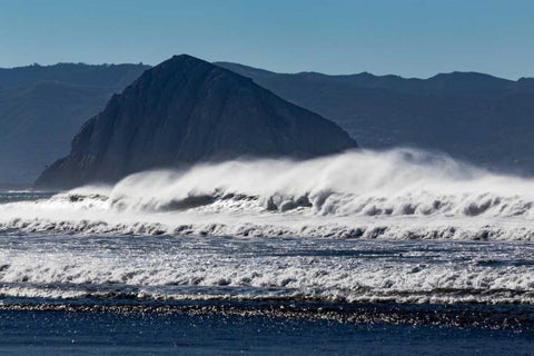 Morro Rock Waves White Modern Wood Framed Art Print with Double Matting by Peterson, Lee