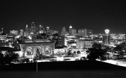 Kansas City at Night White Modern Wood Framed Art Print with Double Matting by Putman, Tammy