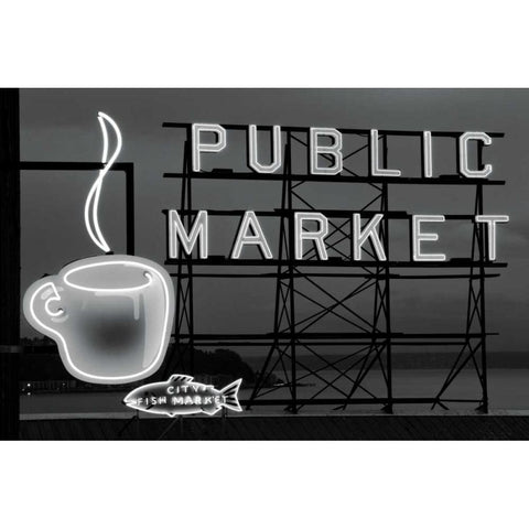 BW Public Market Sign I Black Modern Wood Framed Art Print with Double Matting by Stefko, Bob