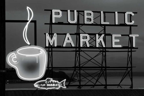 BW Public Market Sign I White Modern Wood Framed Art Print with Double Matting by Stefko, Bob