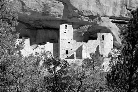 Cliff Dwelling At Mesa Verde BW White Modern Wood Framed Art Print with Double Matting by Taylor, Douglas