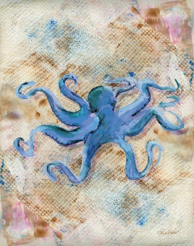 Blue Octopus White Modern Wood Framed Art Print with Double Matting by Roberto, LuAnn