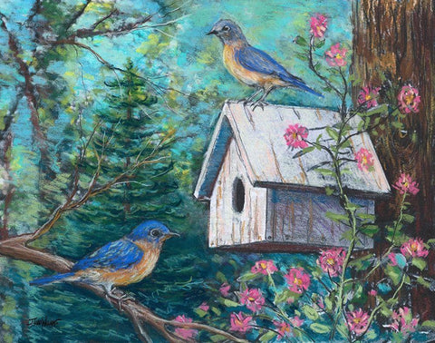 Blue Birds and House White Modern Wood Framed Art Print with Double Matting by Williams, Todd