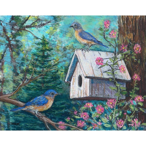 Blue Birds and House Black Modern Wood Framed Art Print with Double Matting by Williams, Todd