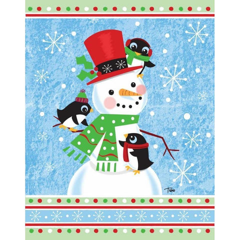 Penguins and Snowman Black Modern Wood Framed Art Print with Double Matting by Woo, Teresa
