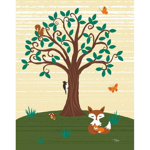 Grand Tree and Foxes Black Modern Wood Framed Art Print by Woo, Teresa