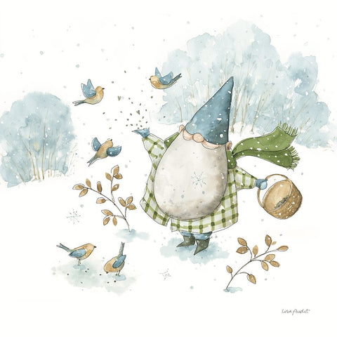 Everyday Gnomes I-Winter Birds White Modern Wood Framed Art Print with Double Matting by Audit, Lisa